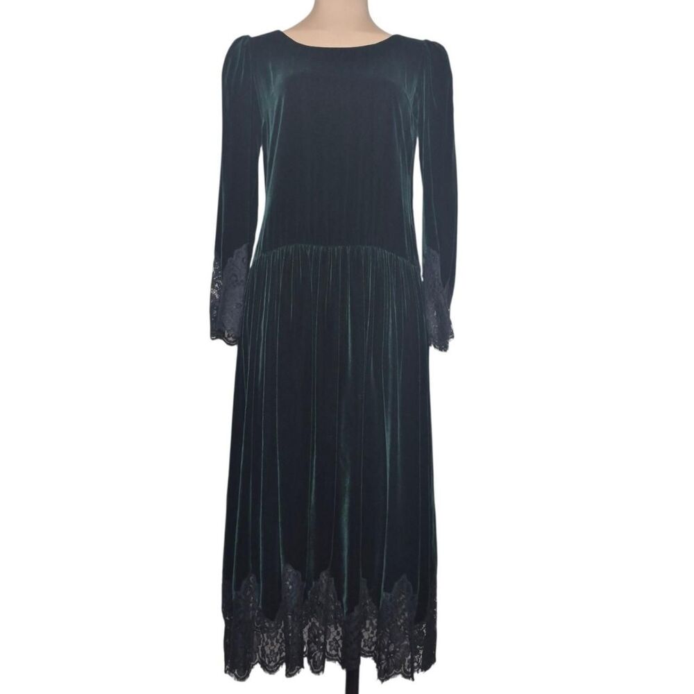 Vintage 80s Emerald Green Velvet Midi Dress Gown Lace Details Size 4